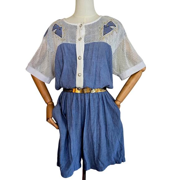 Size L – Vintage 1980s Raphael Denim Blue & White Mesh Romper - Picture 1 of 11